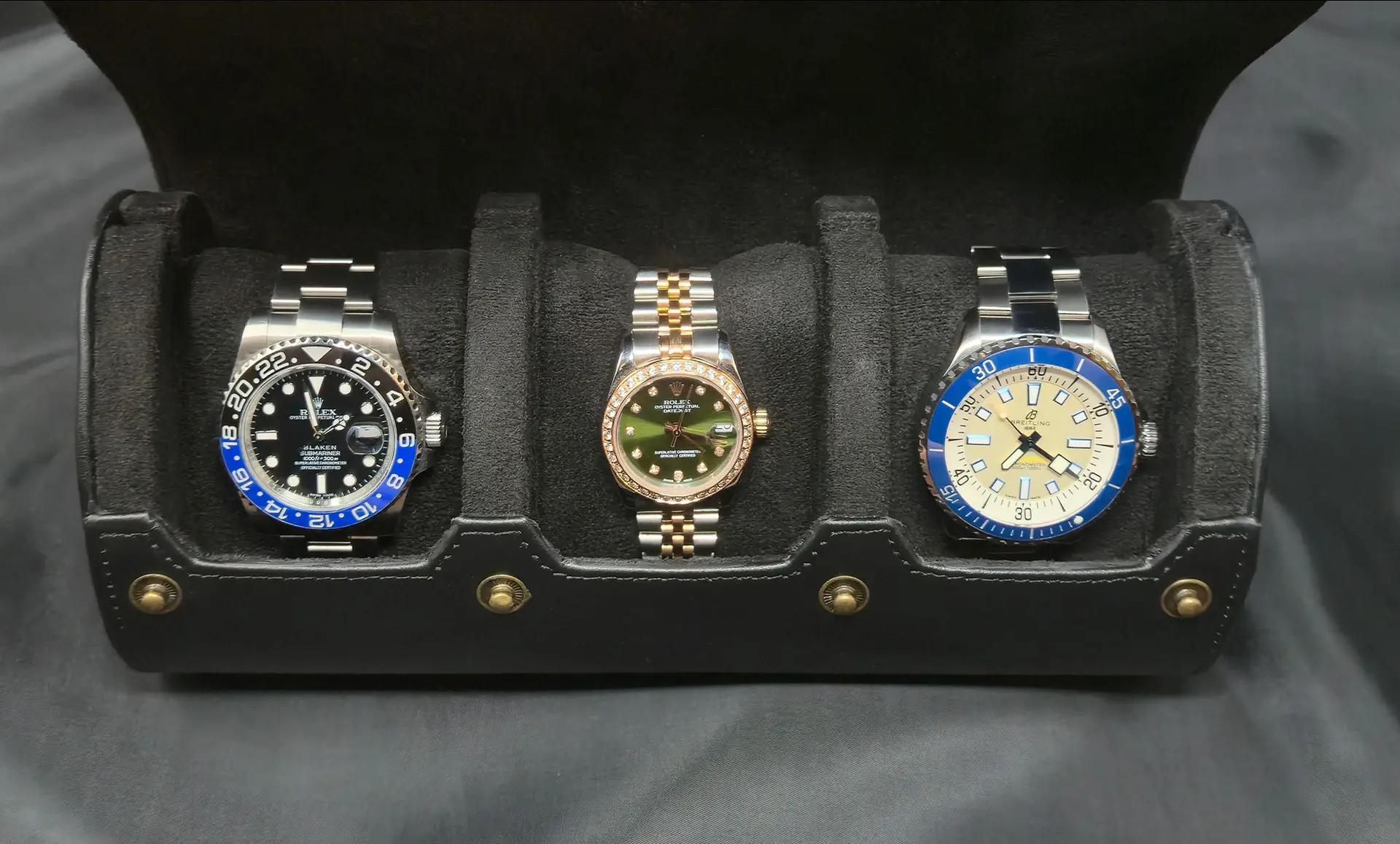 Premium Leather Three Watch Roll by Coastal Timepieces