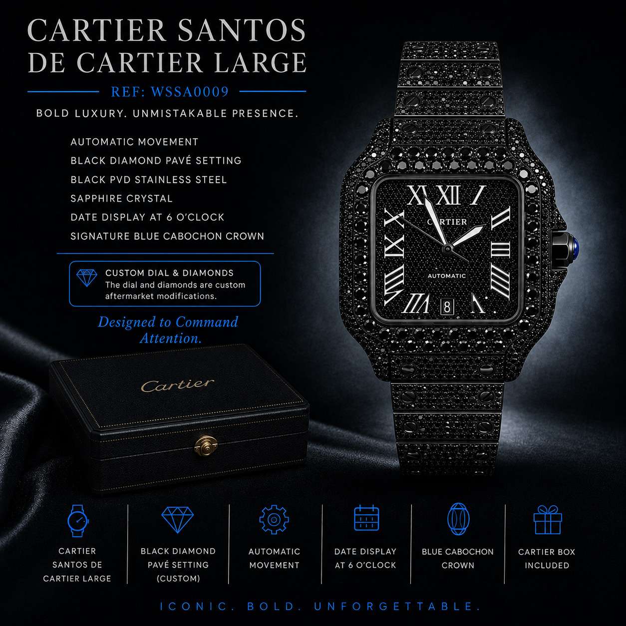 Custom Cartier Santos de Cartier Large WSSA0009 with black pavé setting