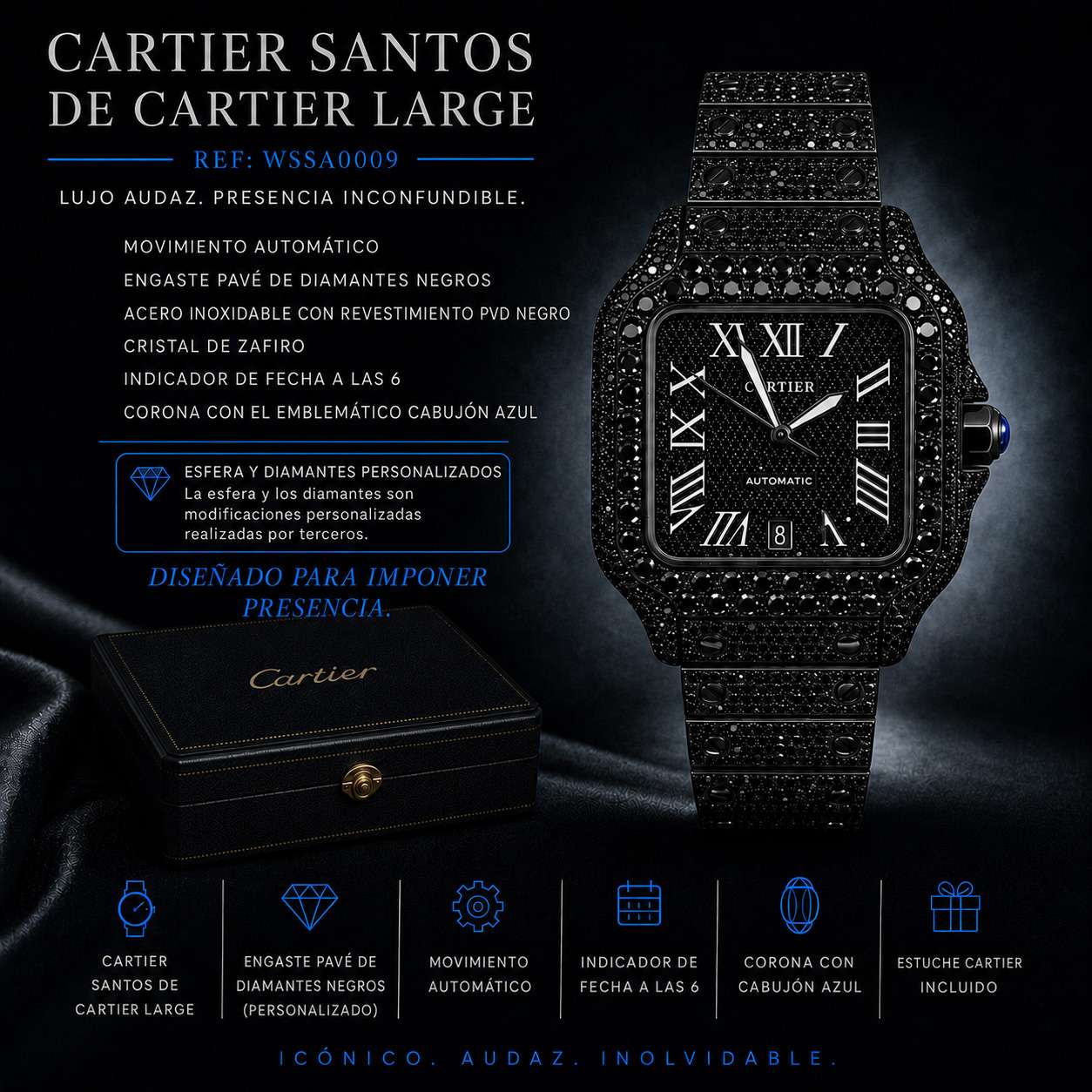Cartier Santos de Cartier Large WSSA0009 personalizado con engaste pavé negro